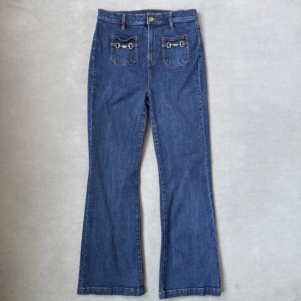 Ann Taylor Flare Jeans High Rise Patch Pocket Horsebit Stretch Size 10‎ Blue